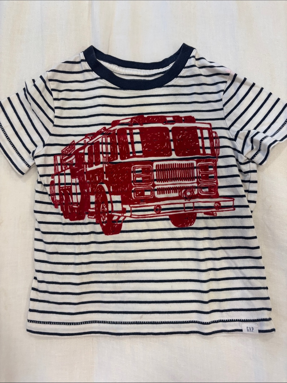 GAP Navy & White Striped Tee with Red Fire Truck